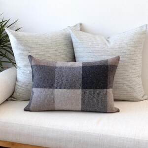 Set of 3 Wool Pillow Covers – Neutral Stripe Brown & Gray Plaid Buffalo Check Combination, 20x20 and 12x18