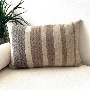 Tan Striped Wool Lumbar Pillow Cover: Zippered Leather Back, 12x18