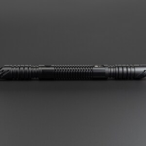 May include: A black lightsaber with a textured grip and a silver accent. The lightsaber is a popular prop for cosplay and fantasy enthusiasts.