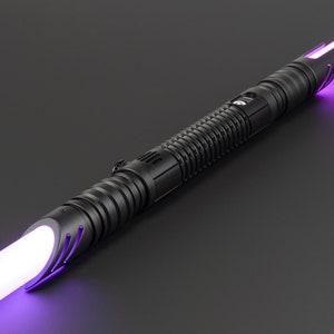 May include: A black lightsaber with a purple blade. The lightsaber has a textured grip and a black emitter.