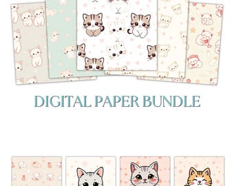 May include: A digital paper bundle featuring six different patterns with cute cartoon cats in various poses. The patterns include white backgrounds with pink hearts, light blue backgrounds with white hearts, cream backgrounds with pink stars, and more.