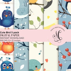 Lot de 5 motifs d'oiseaux mignons - SVG, PNG, JPG et pdf Kawaii, inséparable, nature, clipart - téléchargement immédiat