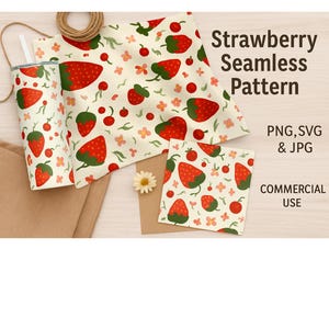 Padrão de morango sem emendas - Papel digital kawaii desenhado à mão - 12x12 PNG, SVG e JPG - Uso comercial - Arquivo de sublimação de frutas