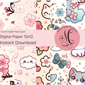 Paquete de papel digital kawaii/lindos patrones pastel para scrapbooking, diarios, tarjetas y manualidades/fondos imprimibles de 12x12/descarga instantánea