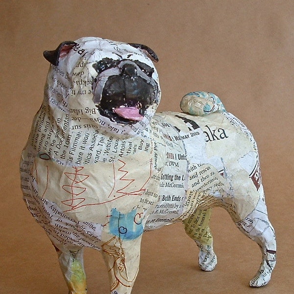 Pug #1, Unique Whimsical Paper Mache Dog Sculpture - Custom Pieces Available Upon Request