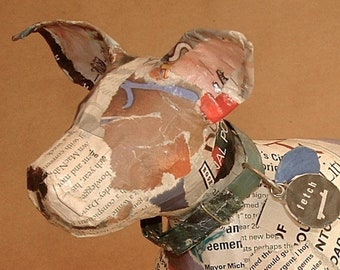 Unique Whimsical Paper Mache Dog Sculpture with Collar - Custom Pieces Available Upon Request