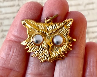 Vintage Owl Pendant - Google Eyes - Gilt Metal - Circa 1960's-1980's.