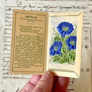 Flor de seda pequena Kensitas vintage - Genciana - Cartão de cigarro - Por volta da década de 1930.