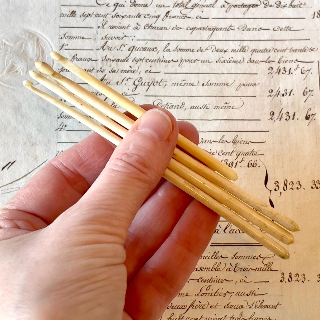 Antique Bone Crochet Hooks Four Hand Carved Ox bone Work Box Tools