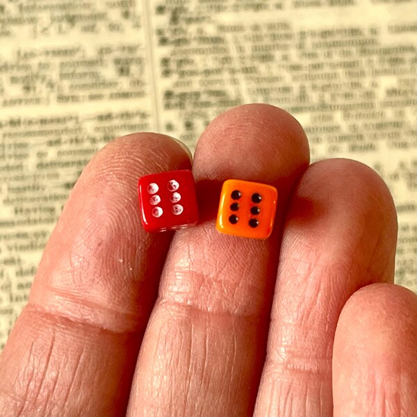 Vintage Miniature Glass Dice x 2 - Red & Orange Glass - Circa Mid 20th Century.