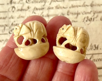 Antique/Vintage Hand-Carved Bone Beads x 2 - Elephants - Early-Mid 20th Century.