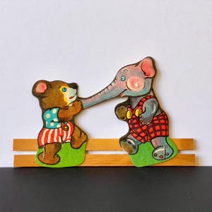 Vintage französisches Spielzeug - Elefant & Bär Push-Pull Spielzeug - Karte + Balsaholz - Echter Dead-Stock - Etwa 1940er-50er Jahre.