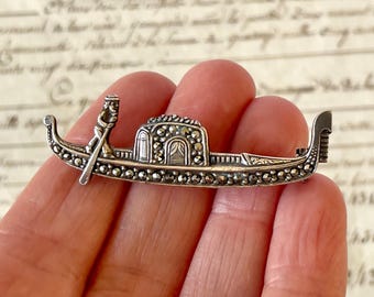 Vintage Silver & Marcasite Gondola Brooch/Pin - 835 Continental Silver - 20th Century.