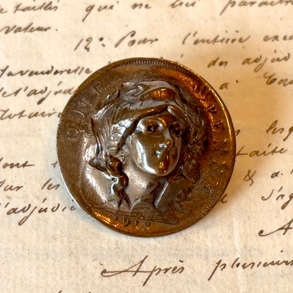 Antique Repousse Lady Liberty Coin Brooch/Pin - Pop Out Coin - Coin Cameo 1913 George V One Penny Coin.