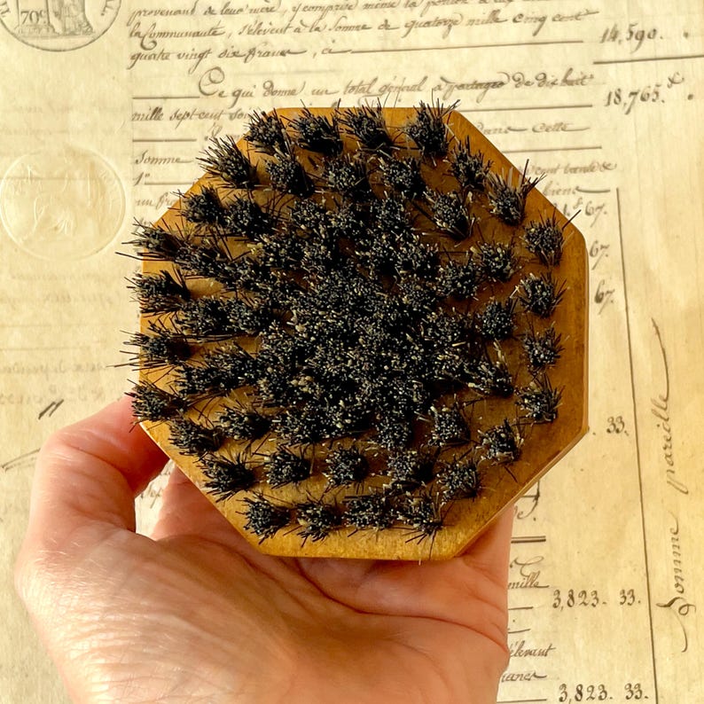 May include: A hexagonal wooden brush featuring a light brown finish and numerous clusters of stiff, dark black bristles arranged in a uniform pattern across the flat surface, designed for grooming or cleaning tasks with a sturdy wooden base.