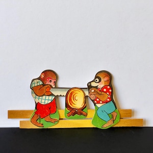 Vintage französisches Spielzeug - Affe & Waschbär Push-Pull Spielzeug - Karte + Balsaholz - Echter Dead-Stock - Etwa 1940er-50er Jahre.