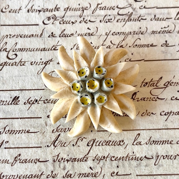 Vintage Carved Bone Flower Pin/Brooch - Edelweiss - Circa 1940's-1950's.