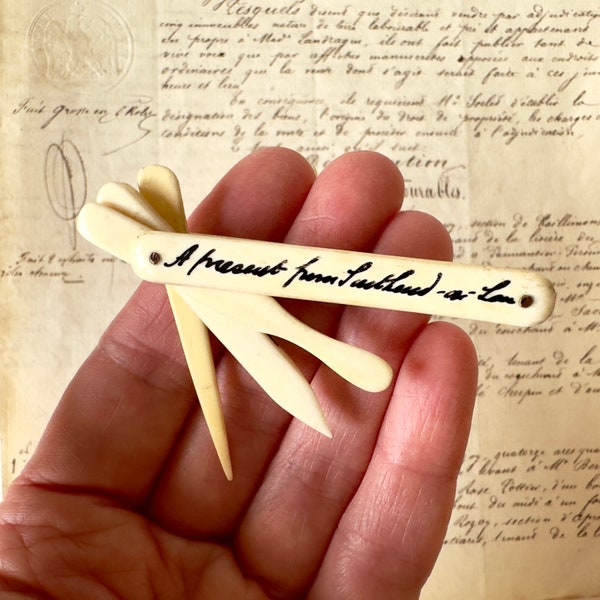 AF Antique Bone Vanity Tool/Manicure Tool - Nail File/Ear Scoop/Tooth Pick - Victorian/Edwardian - Missing Stanhope?