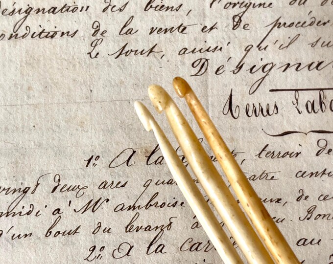 Antique Bone Crochet Hooks Trio of Hand Carved Ox bone Work Box Tools