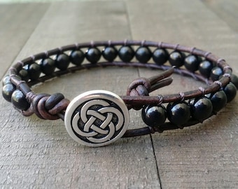 LATE SHIP Shungite leather wrap bracelet single wrap chakra bracelet celtic knot button dark brown leather boho bracelet