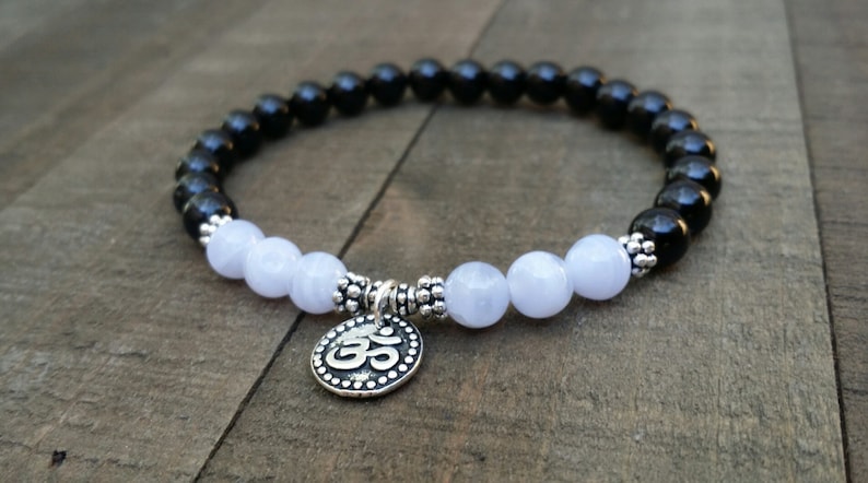 Black tourmaline blue lace agate mala bracelet yoga bracelet energy bracelet wrist mala om bracelet chakra bracelet