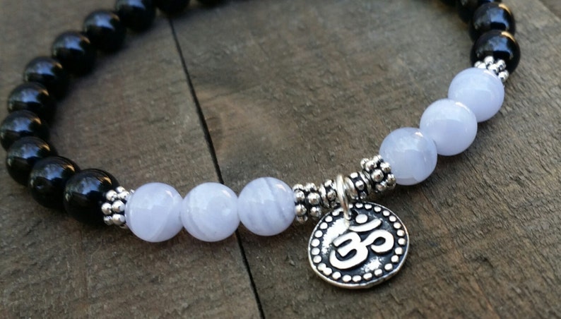 Black tourmaline blue lace agate mala bracelet yoga bracelet energy bracelet wrist mala om bracelet chakra bracelet
