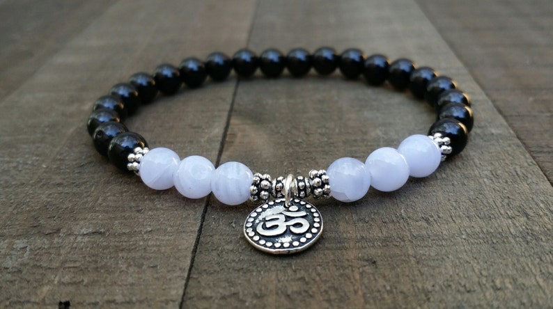 Black tourmaline blue lace agate mala bracelet yoga bracelet energy bracelet wrist mala om bracelet chakra bracelet