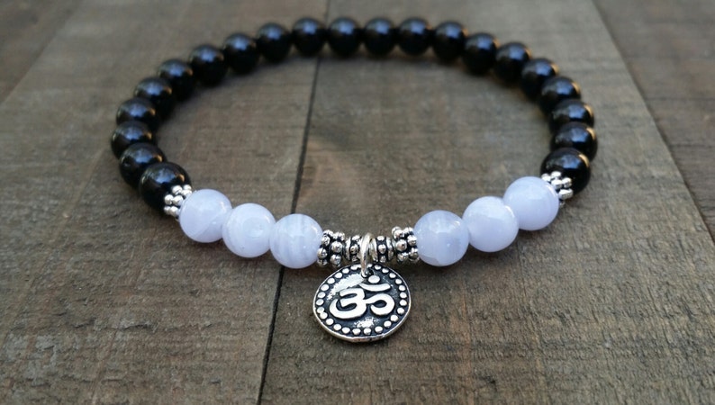 Black tourmaline blue lace agate mala bracelet yoga bracelet energy bracelet wrist mala om bracelet chakra bracelet