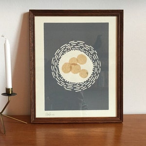 Abstract grey lino print featuring Chine-collé in dark vintage frame