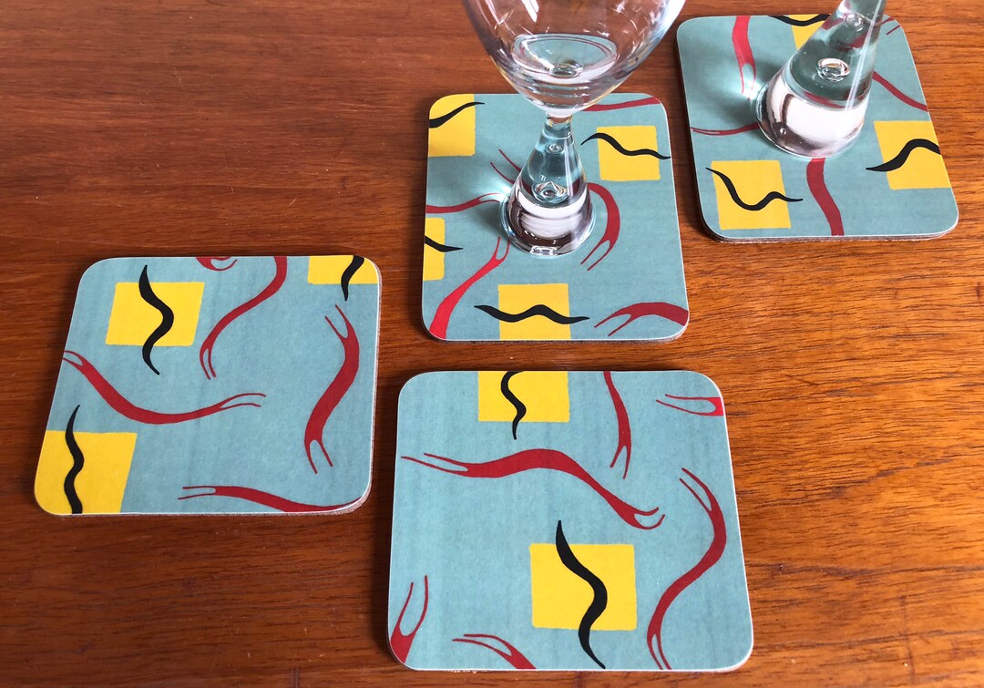 Teal Print Laminated Set of Four Cork Coasters Etsy