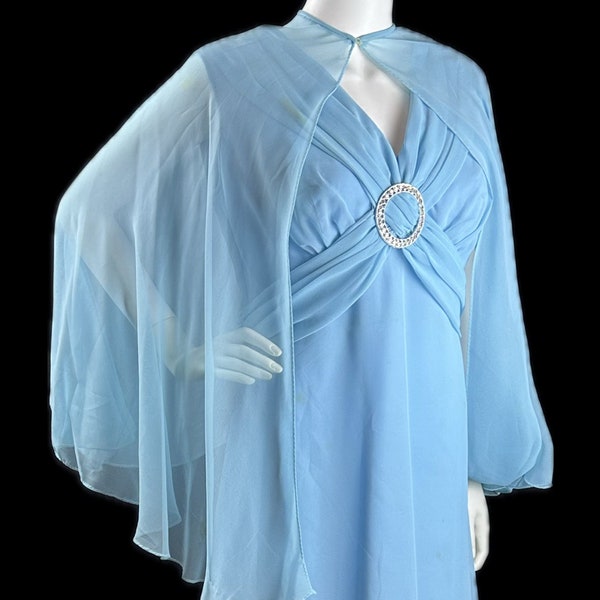 Vintage 1970s Long Maxi Chiffon Grecian Evening Gown Dress Blue Cape Rhinestones