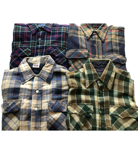 Vintage 1960s 1970s Cotton Plaid Flannel Shirts Montgomery Ward 