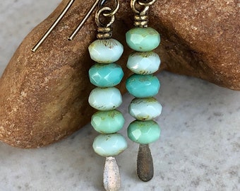 Boho Chic Dangle Earrings Light Turquoise /& Tan Etched Czech Glass Hot Spring.