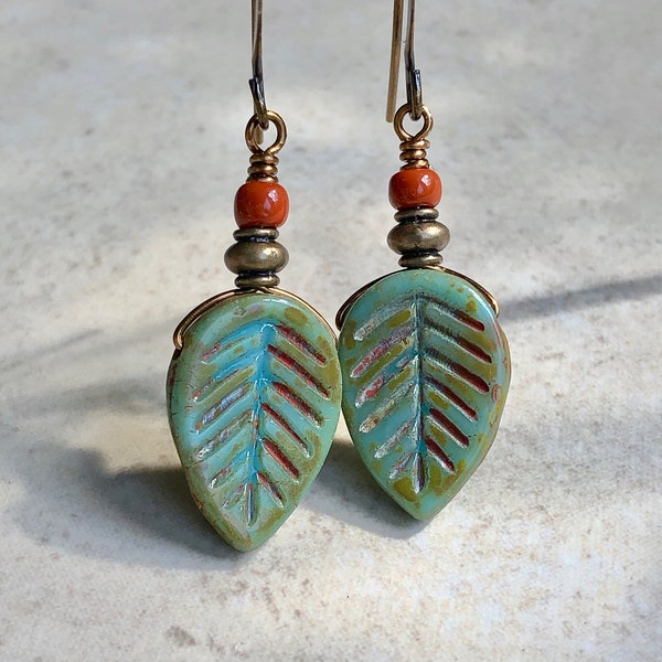 Leaf Earrings   Boho Dangle Earrings   Blue Czech Glass Earrings