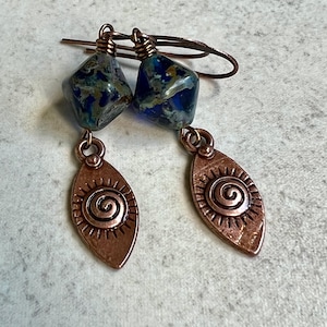 Dark Blue Copper Earrings   Czech Glass Copper Spiral Earrings   Boho Dangle Earrings