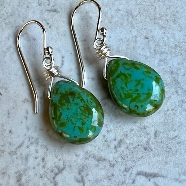 Turquoise Green Sterling Silver Earrings   Czech Glass Teardrop Earrings
