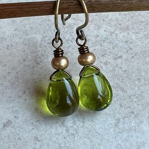 Small Olive Green Teardrop Earrings  Czech Glass Boho Dangle Earrings
