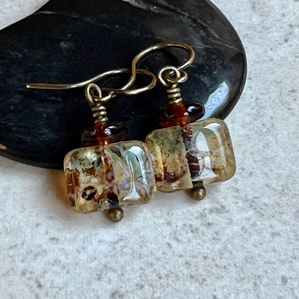 1” Golden Yellow Brown Earrings   Rectangle Czech Glass Earrings