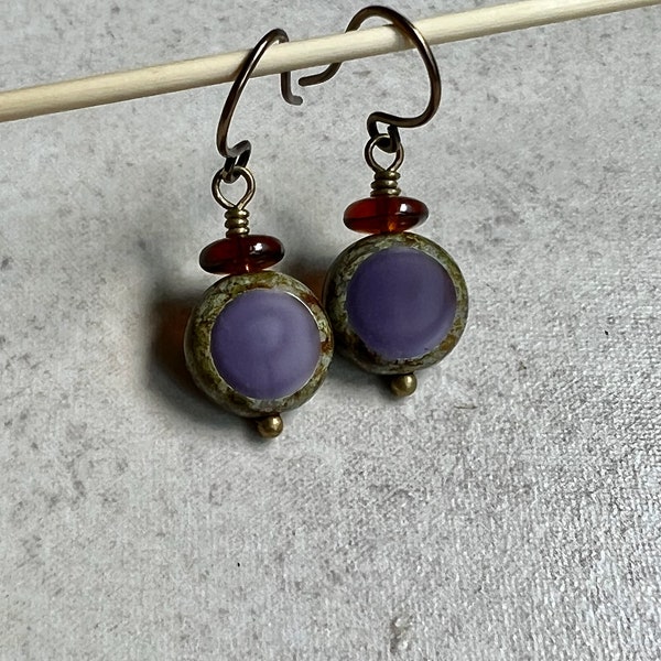 Purple Brown Earrings   Small Dangle Earrings   Czech Glass Boho Dangle Earrings