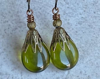 Boho Dangle Earrings   Olive Green Czech Glass   Leverback Earrings   Bohemian Earrings