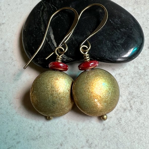 Gold Red Earrings   Boho Dangle   Czech Glass Earrings
