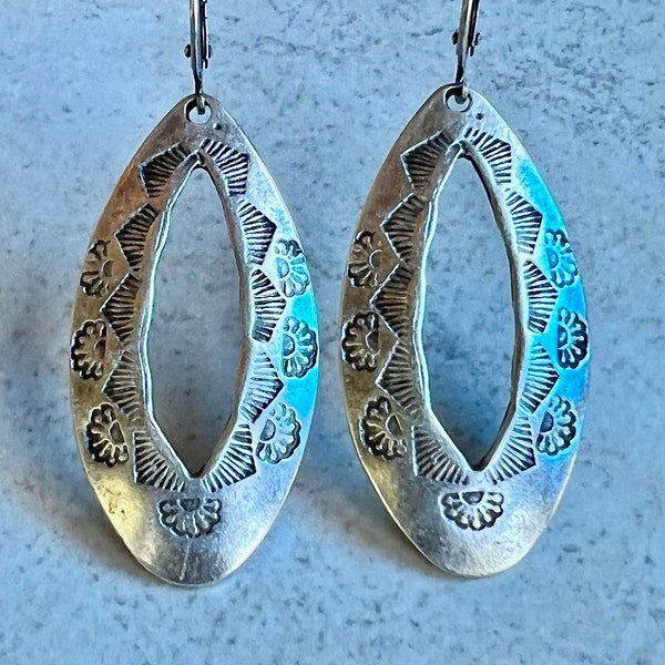 Silver Boho Dangle Earrings   Long Oval Dangle Earrings