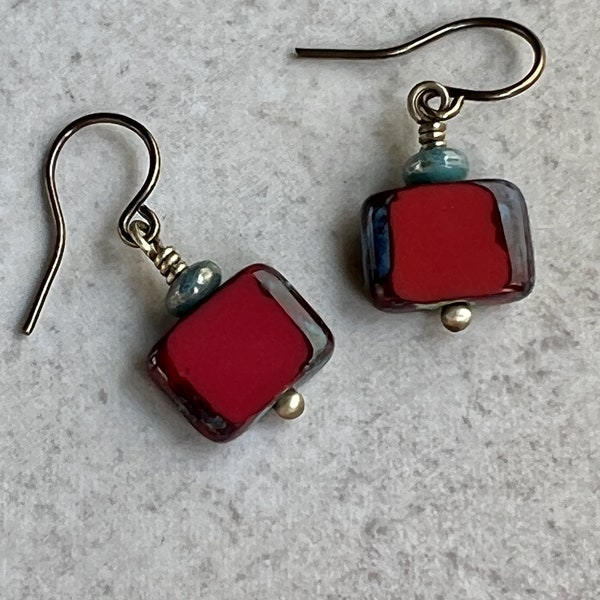 Red Earrings   Small Rectangle Earrings   Czech Glass Boho Dangle Earrings