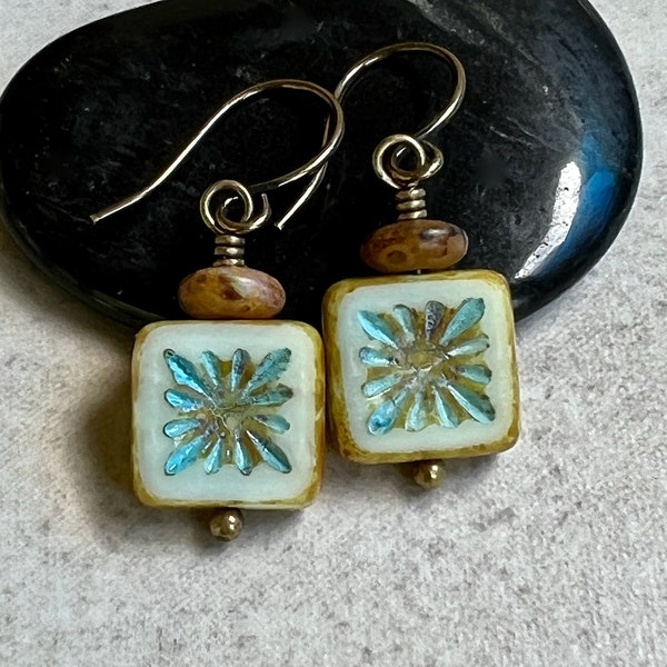 Small Boho Dangle Earrings   White Blue Square Czech Glass Earrings