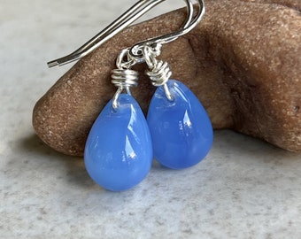 Blue Glass Sterling Silver Earrings   Czech Glass Teardrop Earrings