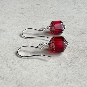 Small Red Silver Earrings   1&quot; Czech Glass Earrings