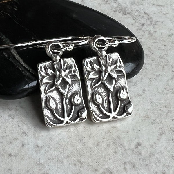 Small Lotus Flower Sterling Silver Earrings        Boho  Dangle Earrings