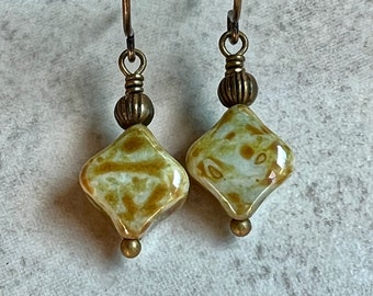 Small Boho Dangle Earrings   Sage Green Czech Glass Earrings