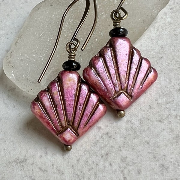 Pink Fan Earrings   Art Deco Fan Earrings   Czech Glass Boho Dangle Earrings