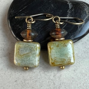 Small Green Boho Dangle Earrings   Square Green Brown Glass Earrings